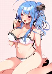 Rule 34 | 1girl, absurdres, ahoge, azur lane, bare legs, blue hair, bra, breasts, cleavage, highres, lace, lace-trimmed bra, lace-trimmed panties, lace trim, large breasts, lingerie, looking at viewer, origami aya, panties, plaid, plaid background, purple eyes, sitting, st. louis (azur lane), tongue, tongue out, underwear, underwear only