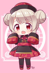 Rule 34 | 1girl, :d, black dress, black sleeves, black thighhighs, blush, chibi, commentary request, double bun, dress, fang, floral print, fujisawa kamiya, full body, grey hair, hair bun, hat, jiangshi costume, long sleeves, looking at viewer, natori sana, official alternate costume, open mouth, pink background, qingdai guanmao, red eyes, red footwear, sana channel, sleeves past fingers, sleeves past wrists, smile, solo, standing, thighhighs, virtual youtuber, wide sleeves