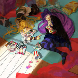 Rule 34 | 10s, 2girls, blonde hair, buckle, casual, freer, full body, gothic lolita, green eyes, grin, lolita fashion, long hair, lying, magazine (object), multicolored hair, multiple girls, panty &amp; stocking with garterbelt, panty (psg), purple hair, siblings, sisters, smile, stocking (psg), striped clothes, striped legwear, striped thighhighs, thighhighs, two-tone hair