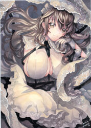Rule 34 | 1girl, 2022, apron, artist name, azur lane, bare shoulders, breasts, brown hair, charybdis (azur lane), cleavage, clothing cutout, frills, gloves, grey eyes, grey hair, hairband, highres, huge breasts, lace-trimmed hairband, lace trim, long hair, looking at viewer, maid headdress, mosho, official alternate costume, sleeveless, solo, traditional media, underboob cutout, white apron, white gloves