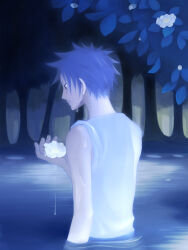 Rule 34 | 1boy, back, back focus, black eyes, black hair, blue theme, dripping, facial scar, flower, forest, highres, holding, holding flower, lake, looking down, male focus, monkey d. luffy, nature, night, one piece, outdoors, parted lips, partially submerged, scar, scar on cheek, scar on face, short hair, solo, tank top, tk-1105, tree, water, wet, white flower, white tank top