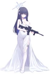 Rule 34 | 1girl, absurdres, black hair, blue archive, blue eyes, blue halo, blush, breasts, bsm (nerdmin), cleavage, closed mouth, dress, earrings, elbow gloves, full body, gloves, gun, halo, highres, holding, holding gun, holding weapon, jewelry, large breasts, long hair, looking at viewer, official alternate costume, saori (blue archive), saori (dress) (blue archive), shoes, simple background, solo, strapless, strapless dress, thighhighs, weapon, white background, white dress, white footwear, white gloves, white thighhighs