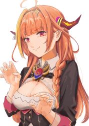 Rule 34 | 1girl, absurdres, ahoge, black hairband, black jacket, blonde hair, blunt bangs, bow, braid, breasts, claw pose, cleavage, cleavage cutout, clothing cutout, collared shirt, dragon horns, hair intakes, hairband, hands up, highres, hololive, horn bow, horn ornament, horns, ibuki (ibuki0118), jacket, jewelry, kiryu coco, kiryu coco (1st costume), large breasts, long hair, long sleeves, medium breasts, multicolored hair, necklace, orange hair, pointy ears, shirt, side braid, smile, solo, streaked hair, upper body, virtual youtuber, white background, white shirt