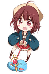 Rule 34 | 1girl, ahoge, atelier (series), atelier sophie, bad id, bad nicoseiga id, blush, brown eyes, brown hair, chibi, commentary request, hair ornament, hat, highres, holding, long sleeves, looking at viewer, numpopo, open mouth, short hair, skirt, smile, solo, sophie neuenmuller, x x