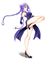Rule 34 | 1girl, alternate costume, ass, bare legs, bare shoulders, blue eyes, blush, braid, breasts, china dress, chinese clothes, dress, fighting stance, floral print, from side, gloves, hair ornament, hairclip, high heels, highres, kurozero, leg up, legs, looking at viewer, medium breasts, neptune (series), power symbol, power symbol-shaped pupils, purple dress, purple gloves, purple hair, purple heart (neptunia), shin jigen game neptune vii, simple background, smile, solo, symbol-shaped pupils, thighs, twin braids, twintails, white background