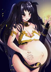 Rule 34 | 1girl, absurdres, armlet, asymmetrical legwear, asymmetrical sleeves, bare shoulders, belly rub, big belly, bikini, black bikini, black hair, black panties, black ribbon, blush, breasts, cleavage, collar, collarbone, detached sleeves, fate/grand order, fate (series), hair ribbon, hand on own stomach, highres, ishtar (fate), jewelry, large breasts, long hair, mismatched bikini, navel, open mouth, outie navel, panties, pregnant, red eyes, ribbon, solo, stomach, strapless, strapless bikini, swimsuit, tiara, underwear, very long hair, white bikini