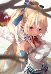 Rule 34 | 1girl, apple, blonde hair, blue bow, blurry, blurry foreground, bow, bowtie, branch, breasts, cleavage, cleavage cutout, closed mouth, clothing cutout, commentary, corrupted twitter file, dark-skinned female, dark skin, detached sleeves, dress, expressionless, food, from above, fruit, gloves, hair between eyes, hair bow, highres, hololive, long hair, looking at viewer, looking up, medium breasts, motoi (croa76), multicolored hair, outstretched hand, pointy ears, ponytail, red bow, red bowtie, red eyes, shiranui flare, shiranui flare (1st costume), simple background, sleeveless, sleeveless dress, solo, streaked hair, two-tone hair, upper body, virtual youtuber, white background, white dress, white gloves, white hair, wide sleeves