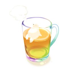 Rule 34 | animal, animal focus, bear, chai (drawingchisanne), closed eyes, colorful, commentary, cup, drink, drinking glass, food, fruit, glass, no humans, orange (fruit), orange slice, original, polar bear, relaxing, see-through, shadow, signature, simple background, sitting, smoke, white background