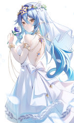 Rule 34 | 1girl, alternate costume, armlet, backless dress, backless outfit, bare back, bare shoulders, blue hair, bow, bracelet, breasts, bridal veil, bride, closed mouth, dated, dress, drill hair, drill sidelocks, flower, from side, genshin impact, highres, holding, holding flower, jewelry, layla (genshin impact), looking at viewer, medium breasts, miaogujun, pointy ears, purple flower, sidelocks, simple background, sleeveless, sleeveless dress, solo, strapless, strapless dress, twin drills, veil, wedding dress, white background, white bow, white dress, white headwear