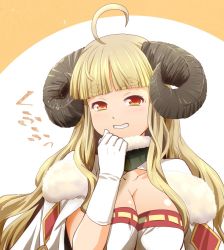 Rule 34 | 10s, 1girl, ahoge, anila (granblue fantasy), blonde hair, blunt bangs, breasts, cleavage, cloak, commentary request, draph, gloves, granblue fantasy, grin, hand on own chin, haniwa (leaf garden), horns, large breasts, long hair, orange eyes, sheep horns, simple background, smile, solo, translated, upper body, white gloves, wool