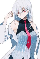 Rule 34 | 1girl, accelerator (toaru majutsu no index), albino, black shirt, breasts, collared shirt, contrapposto, flower, genderswap, genderswap (mtf), hair flower, hair ornament, hand up, jacket, light frown, lily (flower), long hair, long sleeves, looking at viewer, necktie, official alternate costume, open clothes, open jacket, pale skin, red eyes, red necktie, shirt, short hair, sketch, sleeveless, sleeveless shirt, small breasts, solo, standing, striped clothes, striped vest, suzushina yuriko, toaru majutsu no index, toaru majutsu no index: genesis testament, two-tone vest, uonomesabu, vertical-striped clothes, vertical-striped vest, vest, white background, white hair, white jacket, white vest