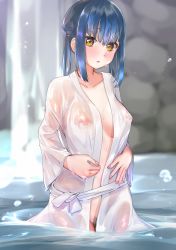 Rule 34 | 1girl, absurdres, blue hair, blush, breasts, collarbone, double bun, hair bun, highres, japanese clothes, kimono, large breasts, long hair, looking at viewer, navel, nijisanji, nipples, open clothes, open kimono, open mouth, paresu, pubic hair, rock, see-through, sparkle, standing, twintails, virtual youtuber, wading, water, waterfall, wet, wet clothes, wet kimono, white kimono, yamagami karuta, yellow eyes