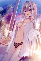 Rule 34 | 1girl, :d, absurdres, ahoge, apartment, black panties, blush, breasts, building, buttons, cleavage, coffee cup, collarbone, collared shirt, cowboy shot, cup, disposable cup, dress shirt, drinking glass, eyelashes, groin, hair between eyes, hair intakes, highres, holding, holding cup, indoors, lace, lace panties, large breasts, leaf, lens flare, long hair, long sleeves, looking at viewer, melonbooks, mug, navel, no bra, non-web source, open clothes, open mouth, open shirt, original, panties, plant, potted plant, purple eyes, shirt, sidelocks, smile, solo, standing, stomach, tanihara natsuki, underwear, very long hair, white shirt, window, wing collar