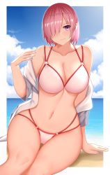 Rule 34 | 1girl, alternate costume, arind yudha, bare shoulders, bikini, breasts, cleavage, collarbone, fate/grand order, fate (series), hair over one eye, highres, large breasts, light purple hair, looking at viewer, mash kyrielight, purple eyes, short hair, solo, swimsuit, thighs, white bikini