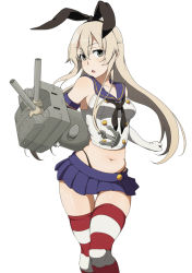 Rule 34 | 10s, 1girl, black panties, blonde hair, elbow gloves, gloves, grey eyes, hairband, ichi-jirushi, kantai collection, long hair, looking at viewer, midriff, navel, panties, personification, rensouhou-chan, shimakaze (kancolle), simple background, skirt, solo, striped clothes, striped thighhighs, thighhighs, underwear, white background