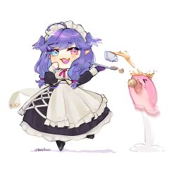 Rule 34 | 1girl, ahoge, blue eyes, chibi, commentary, cup, english commentary, fang, full body, head wings, heterochromia, highres, holding, holding tray, long sleeves, looking at viewer, maid, maid headdress, nijisanji, nijisanji en, open mouth, pink eyes, pointy ears, purple hair, selen tatsuki, shibedraws, simple background, skin fang, solo, tea, teacup, tongue, tray, twitter username, virtual youtuber, watermark, white background, wings