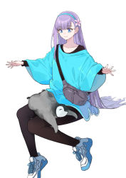 Rule 34 | 1girl, bird, black pantyhose, blue eyes, blue shirt, blush, breasts, coffeekite, contemporary, fate/extra, fate/extra ccc, fate (series), flower, hair flower, hair ornament, hairband, highres, long hair, long sleeves, meltryllis (fate), pantyhose, penguin, purple hair, shirt, shoes, sitting, small breasts, sneakers, very long hair, wide sleeves