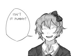 Rule 34 | 1girl, :d, artist name, bow, collared shirt, commentary, crying, doki doki literature club, english text, closed eyes, facing viewer, greyscale, hair bow, idk-kun, jacket, looking at viewer, monochrome, open mouth, sayori (doki doki literature club), shirt, short hair, signature, smile, solo, speech bubble, spoilers, tears, thumbnail surprise, transparent background, twitter username, upper body, wing collar