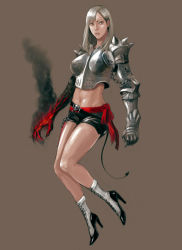 Rule 34 | armor, blonde hair, boobplate, boots, breastplate, couter, gauntlets, heegur, high heel boots, high heels, knees together feet apart, shoes, short hair, short shorts, shorts, simple background, solo, yellow eyes