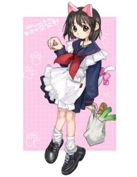Rule 34 | 1girl, animal ears, apron, artist name, bag, baguette, bell, black footwear, blue sailor collar, blue serafuku, blue skirt, blush, bob cut, bow, bread, breasts, brown eyes, brown hair, cat ears, cat girl, cat tail, closed mouth, commentary, copyright notice, dot mouth, english commentary, food, frilled apron, frills, full body, girutea, grid background, grocery bag, hand up, heart, highres, holding, holding bag, holding food, jewelry, jingle bell, kemonomimi mode, loafers, long sleeves, looking at viewer, loose socks, maid, nakahara misaki, neckerchief, necklace, nhk ni youkoso!, notice lines, outside border, paw pose, paw print, pink bow, plastic bag, pleated skirt, pocket, red neckerchief, sailor collar, school uniform, serafuku, shoes, shopping bag, short hair, signature, skirt, small breasts, socks, solo, spring onion, tail, tail bow, tail ornament, ultimate moe, white apron, white socks, white tail