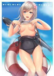 Rule 34 | 10s, 1girl, alternate skin color, black one-piece swimsuit, blonde hair, blue eyes, breasts, character name, clothes lift, clothes pull, cloud, cloudy sky, covered navel, crop top, day, edwin (cyberdark impacts), flashing, flower, hair flower, hair ornament, heart, highres, kantai collection, knees together feet apart, legs together, lifebuoy, lifting own clothes, long hair, looking at viewer, medium breasts, nipples, one-piece swimsuit, one-piece swimsuit pull, open mouth, ro-500 (kancolle), sailor collar, school swimsuit, shirt, shirt lift, sky, sleeveless, sleeveless shirt, smile, solo, swim ring, swimsuit, swimsuit under clothes, thigh gap, torpedo, undressing