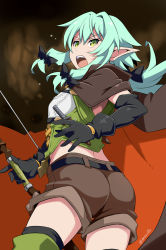 Rule 34 | 10s, 1girl, aqua hair, ass, black gloves, bow, bow (weapon), brown shorts, cloak, dagger, elf, from behind, gloves, goblin slayer!, green eyes, hair between eyes, hair bow, high elf archer (goblin slayer!), highres, hood, hooded cloak, knife, long hair, looking at viewer, looking back, maruto!, midriff, open mouth, pointy ears, shorts, solo, standing, sweat, teeth, thighhighs, weapon