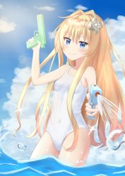 Rule 34 | 1girl, blonde hair, blue eyes, blue sky, breasts, cloud, covered navel, cowboy shot, d-pad, d-pad hair ornament, dual wielding, hair ornament, highres, holding, kisaragi alice, long hair, looking at viewer, monozit, one-piece swimsuit, school swimsuit, sentouin hakenshimasu!, sky, small breasts, soaking feet, solo, swimsuit, wading, water, water gun, white one-piece swimsuit