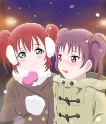 Rule 34 | 10s, 2girls, artist request, commentary request, green eyes, highres, kazuno leah, kurosawa ruby, love live!, love live! sunshine!!, multiple girls, purple eyes, purple hair, red hair, short twintails, snow, tsurime, twintails