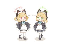 Rule 34 | 2girls, animal ear headphones, animal ears, apron, black dress, black footwear, blonde hair, blue archive, blush, dress, fake animal ears, frilled apron, frills, full body, green eyes, green halo, halo, headphones, highres, long sleeves, maid, maid apron, maid headdress, midori (blue archive), midori (maid) (blue archive), momoi (blue archive), momoi (maid) (blue archive), multiple girls, ochamaru, official alternate costume, open mouth, pantyhose, pink halo, red eyes, shoes, short hair, siblings, simple background, sisters, smile, twins, white apron, white background, white pantyhose