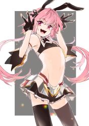 Rule 34 | 1boy, absurdres, animal ears, astolfo (fate), astolfo (saber) (fate), bare shoulders, belt, black gloves, black headwear, black skirt, black thighhighs, bow, commentary request, double w, fang, fate/apocrypha, fate/grand order, fate (series), gloves, hair bow, highres, low twintails, male focus, midriff, navel, open mouth, pink hair, purple eyes, rabbit ears, ru to bi, skin fang, skirt, smile, solo, thighhighs, trap, twintails, w