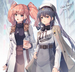 Rule 34 | 2girls, alternate costume, artist name, atlanta (kancolle), black hair, blush, brown hair, clothes writing, coat, dated, drink, drinking straw, earrings, grey eyes, hair between eyes, hat, highres, himeyamato, holding, holding drink, jewelry, kantai collection, long hair, long sleeves, multiple girls, open clothes, open coat, open mouth, scamp (kancolle), signature, single earring, star (symbol), star earrings, two side up, white coat, white headwear