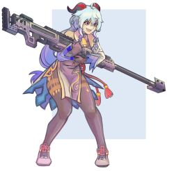 Rule 34 | 1girl, absurdres, amannshi, bell, black gloves, blue hair, bodystocking, commentary, commission, detached sleeves, dress, english commentary, ganyu (genshin impact), genshin impact, gloves, grey dress, grey footwear, gun, highres, holding, holding gun, holding weapon, kraber, leaning forward, long hair, neck bell, open mouth, purple eyes, rifle, second-party source, smile, sniper rifle, solo, titanfall (series), very long hair, weapon
