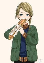 Rule 34 | 1girl, artist name, blue eyes, blush, braid, bread, buttoned cuffs, buttons, commentary request, dated, eating, food, food in mouth, hair ornament, hairclip, highres, holding, holding food, jacket, light brown hair, long sleeves, looking at viewer, open mouth, original, pink background, sako (35s 00), signature, simple background, single braid, solo, swept bangs, teeth, upper body