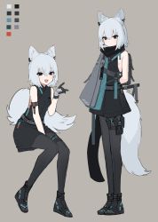 Rule 34 | 1girl, :d, animal ear fluff, animal ears, bad link, between legs, black dress, black eyes, boots, chorefuji, color guide, commentary request, dress, fox ears, fox girl, fox tail, gloves, grey hair, hair between eyes, hand between legs, hand up, highres, looking at viewer, medium hair, multiple views, open mouth, original, pantyhose, short dress, side cape, sitting, smile, standing, tail, thigh strap