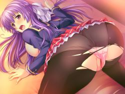 Rule 34 | 1girl, ass, bed, bed sheet, black pantyhose, blush, braid, breasts, breasts out, clothing aside, game cg, hair ribbon, large breasts, long hair, looking back, marushin (denwa0214), on bed, open mouth, panties, panties aside, panties under pantyhose, pantyhose, pink panties, plaid, plaid skirt, purple eyes, purple hair, pussy, ribbon, school uniform, shinjou yukari, skirt, solo, supokon! sports wear complex, tears, thighhighs, top-down bottom-up, torn clothes, torn legwear, uncensored, underwear