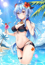 Rule 34 | 1girl, absurdres, ahoge, bell, bikini, bird, blue hair, blush, breasts, cleavage, cowbell, day, drink, drinking straw, flower, ganyu (genshin impact), genshin impact, goat horns, hair between eyes, hair flower, hair ornament, hands up, hibiscus, highres, holding, holding drink, horns, long hair, looking afar, medium breasts, multi-strapped bikini, navel, neck bell, neon (hhs9444), outdoors, ponytail, purple eyes, red flower, skindentation, solo, sparkle, starfish, stomach, sun, sunlight, swimsuit, thigh strap, thighs, tropical drink, wading, water, water drop, wet