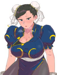 Rule 34 | 1girl, blue dress, blue eyes, bracelet, breasts, brown hair, bun cover, capcom, china dress, chinese clothes, chun-li, cleavage, collarbone, double bun, dress, earrings, eyeshadow, highres, jewelry, large breasts, makeup, pantyhose, puffy short sleeves, puffy sleeves, sash, sexybeam, short hair, short sleeves, side slit, sitting, solo, spiked bracelet, spikes, street fighter, sweat, thighs, white background