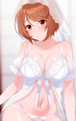 1girl absurdres bare_shoulders blurry blurry_background blush breasts bridal_veil brown_hair cleavage closed_mouth collarbone dress dullahan_(alekey_art) highres large_breasts lingerie looking_at_viewer navel off_shoulder panties red_eyes saiga_rei_(shangri-la_frontier) shangri-la_frontier short_hair simple_background smile solo stomach thighs underwear veil wedding_dress white_panties