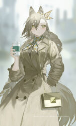 Rule 34 | 1girl, 3pel1, animal ear fluff, animal ears, arknights, bag, black nails, blurry, blurry background, coat, coffee cup, commentary request, cowboy shot, cup, disposable cup, grey coat, grey eyes, grey hair, hair between eyes, hand in pocket, highres, holding, holding cup, long coat, long hair, long sleeves, neckerchief, parted lips, penance (arknights), shoulder bag, solo, tail, very long hair, wolf ears, wolf girl, wolf tail