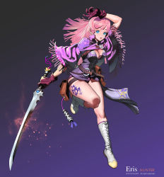 Rule 34 | 1girl, bad id, bad pixiv id, belt, blue eyes, boots, breasts, cleavage, gloves, highres, kilart, leg lift, legs, original, pink hair, simple background, solo, sword, weapon