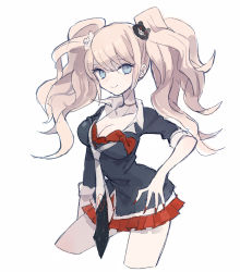 Rule 34 | 10s, 1girl, bow, breasts, cleavage, danganronpa (series), danganronpa: trigger happy havoc, enoshima junko, hair ornament, hairclip, large breasts, monokuma, nail polish, necktie, skirt, sleeves rolled up, smile, solo, soto, spoilers, twintails