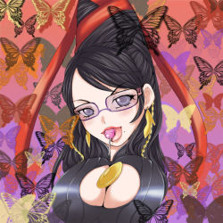 Rule 34 | 1girl, bayonetta, bayonetta (series), bayonetta 1, black hair, bodysuit, breasts, bug, butterfly, candy, cleavage, cleavage cutout, clothing cutout, earrings, eyeshadow, female focus, food, glasses, grey eyes, huge breasts, insect, jewelry, lipstick, lollipop, long hair, makeup, mole, solo, tongue, very long hair