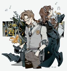 Rule 34 | 1boy, 1girl, back-to-back, beamed eighth notes, black coat, black gloves, black pants, braces, brown hair, checkered necktie, closed eyes, coat, collared shirt, cowboy shot, dated, eighth note, facing up, fairy, glasses, gloves, grey sweater vest, grey vest, hand in pocket, hands up, head down, highres, holding, holding jar, horropedia, jar, long hair, music, musical note, necktie, pants, plant, reverse:1999, shirt, short hair, singing, sweater vest, tool kit, tooth fairy (reverse:1999), vest, watch, white background, white shirt, wristwatch, wuhuarou hao you