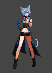 Rule 34 | 1girl, absurdres, animal ear fluff, animal ears, armor, bad id, bad pixiv id, belt, black shorts, blue eyes, blue hair, boots, breastplate, cat ears, cat tail, clothing request, female focus, full body, hair between eyes, hand on own hip, highres, lips, looking at viewer, navel, open mouth, pointing, pointing at self, short hair, short shorts, shorts, simple background, sinon, smile, solo, standing, starcell, sword art online, tail, teeth, upper teeth only