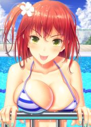 Rule 34 | 1girl, :p, bad id, bad pixiv id, bikini, blush, breasts, cloud, day, flower, green eyes, hair flower, hair ornament, large breasts, long hair, looking at viewer, nail polish, original, ponytail, pool, red hair, side ponytail, sky, smile, solo, strap gap, swimsuit, takeru (at will), tongue, tongue out, water