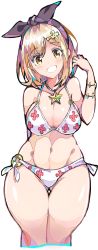 Rule 34 | 1girl, absurdres, arm behind back, atelier (series), atelier ryza, atelier ryza 1, bare shoulders, bikini, black hairband, blush, breasts, cleavage, collarbone, enpe, gluteal fold, hair ornament, hairband, hairclip, hand up, head tilt, highres, jewelry, large breasts, looking at viewer, navel, necklace, o-ring, o-ring bikini, o-ring bottom, orange eyes, orange hair, reisalin stout, short hair, simple background, smile, solo, star (symbol), star necklace, swept bangs, swimsuit, thigh gap, thighs, white background, white bikini, wide hips