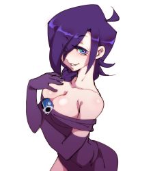 Rule 34 | 1girl, absurdres, bare shoulders, blue eyes, braid, breasts, cleavage, dress, drill hair, elbow gloves, formal, gloves, goth fashion, hair ornament, hair over one eye, highres, long hair, makeiks, off-shoulder dress, off shoulder, parted lips, ponytail, purple gloves, purple hair, single braid, skull hair ornament, narrow waist, smile, zone-tan