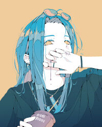 Rule 34 | 1girl, absurdres, blue-framed eyewear, blue hair, blue shirt, bracelet, commentary request, covering own mouth, cup, ear piercing, eyewear on head, highres, holding, holding cup, jewelry, long hair, looking at viewer, no pupils, nocopyrightgirl, original, pale skin, parted bangs, piercing, shirt, short sleeves, solo, sunglasses, t-shirt, upper body, yellow background, yellow eyes