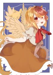 Rule 34 | 1girl, :d, bird, bird tail, bird wings, blonde hair, brown dress, chick, dress, followers favorite challenge, frilled dress, frills, happy, highres, multicolored hair, multiple drawing challenge, neck ribbon, niwatari kutaka, open mouth, orange dress, puffy short sleeves, puffy sleeves, red eyes, red hair, red ribbon, ribbon, shirt, short hair, short sleeves, smile, solo, tail, teeth, touhou, two-tone hair, upper teeth only, white shirt, wings, yagisan1578, yellow tail, yellow wings
