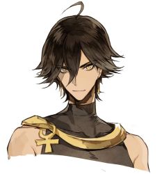 Rule 34 | 1boy, ahoge, ankh, bare shoulders, black shirt, closed mouth, cropped torso, dark-skinned male, dark skin, fate/grand order, fate (series), hair between eyes, looking at viewer, male focus, mo (mocopo), ozymandias (fate), shirt, simple background, sleeveless, sleeveless shirt, smile, solo, upper body, white background, yellow eyes